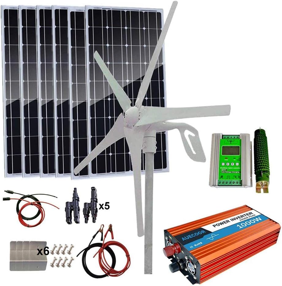1000W Wind Solar Generator Kit Cabin Off Grid System for Charging 12V 24V Battery: 400W Turbine Generator&600W Mono Panel&1000W DC-AC Accessory