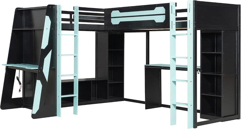 Merax Twin Size Gaming Loft Bed with Desk, TV Stand and Storage Shelves, Solid Wood Dual Twin Bed Frame with RGB LED Lights & USB Ports for Teens Bedroom, Space-Saving Design, Reversible Layout, Blue