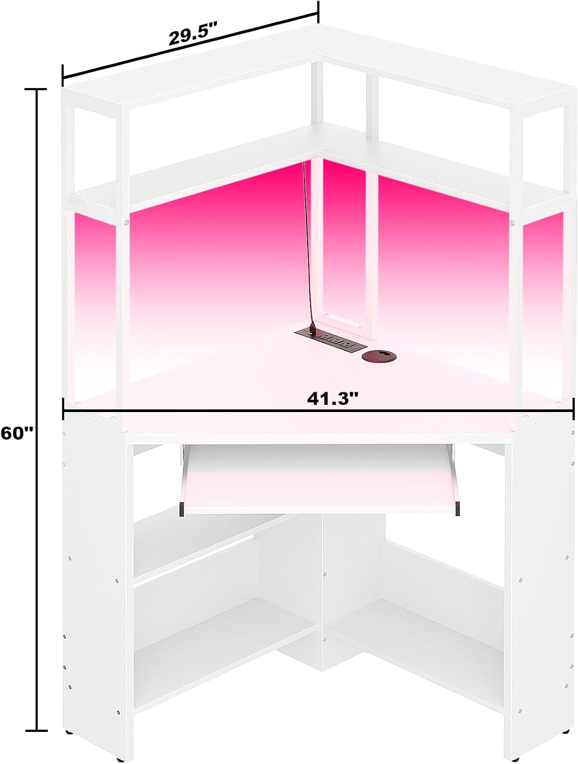 Armocity Corner Desk with Hutch and LED Light, L-Shaped Desk with Power Outlets & USB Ports, Corner Gaming Desk with Keyboard Tray and Storage Shelves, Home Office Workstation for Small Space White