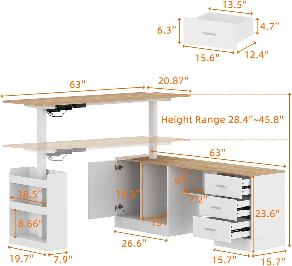 Homsee Home Office L Shaped Electric Standing Desk with Drawers and Shelves, Height Adjustable Stand up Desk, 63' Computer Executive Corner Table, Oak & White