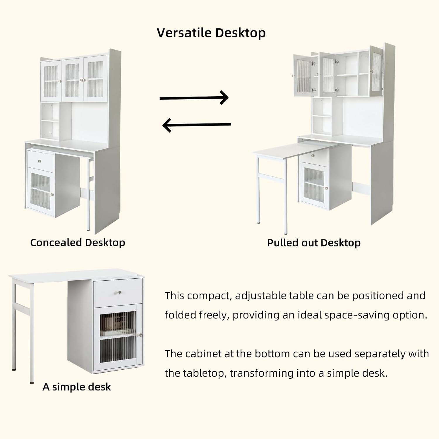 KEIKI L Shaped Home Office Desks with 90° Rotating Retractable Desktop, Glass Door, Hutch, Drawers, Bookshelf & Storage Shelves, Modern Gaming Computer Corner Table for Work, Study, Writing, White