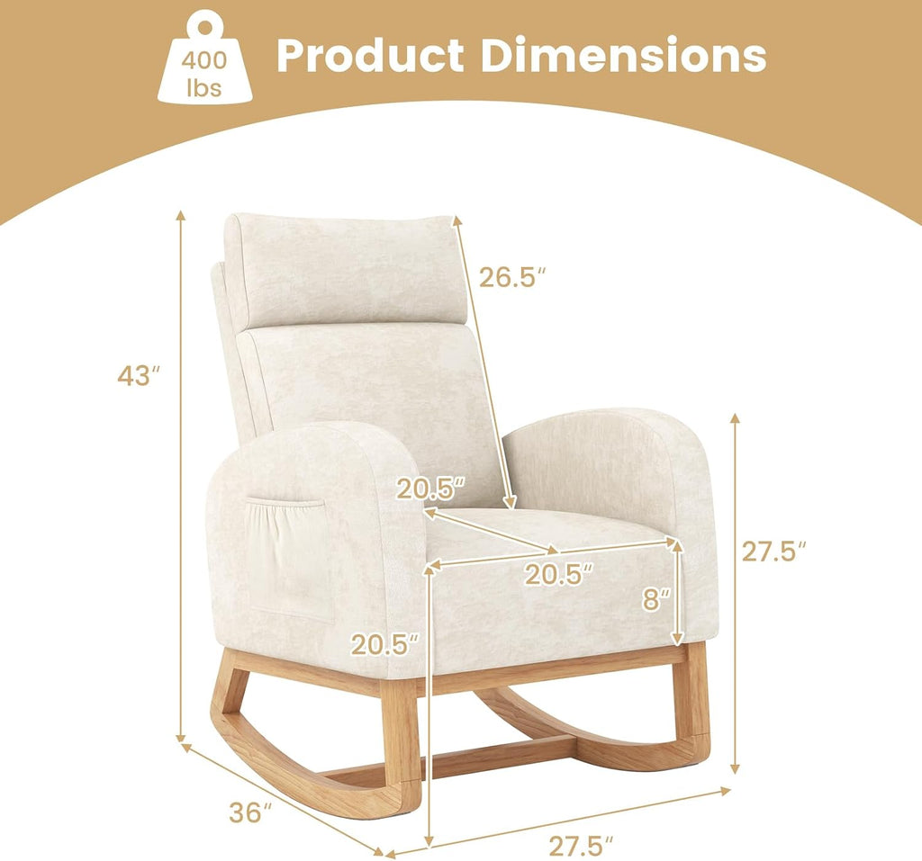Giantex Rocking Chair Nursery, Upholstered Chenille Rocker Chair w/Side Pocket, Natural Rubber Wood Frame, High Back, Modern Nursery Glider Armchair for Living Room, Bedroom