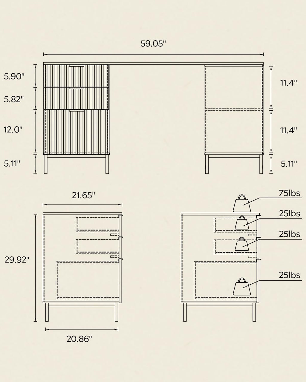 60' L Shaped Fluted Desk, Computer Desk with Movable Storage Cabinet Home Office Desk with 3 Drawers Metal Legs Corner Desk for Gaming Study, Brown