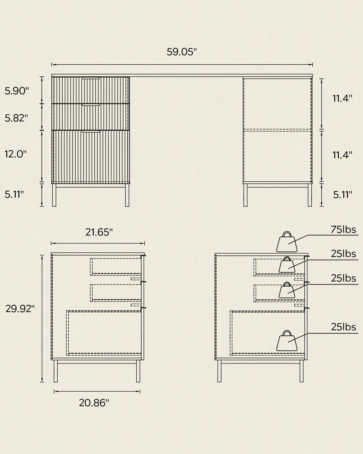 60' L Shaped Fluted Desk, Computer Desk with Movable Storage Cabinet Home Office Desk with 3 Drawers Metal Legs Corner Desk for Gaming Study, Brown
