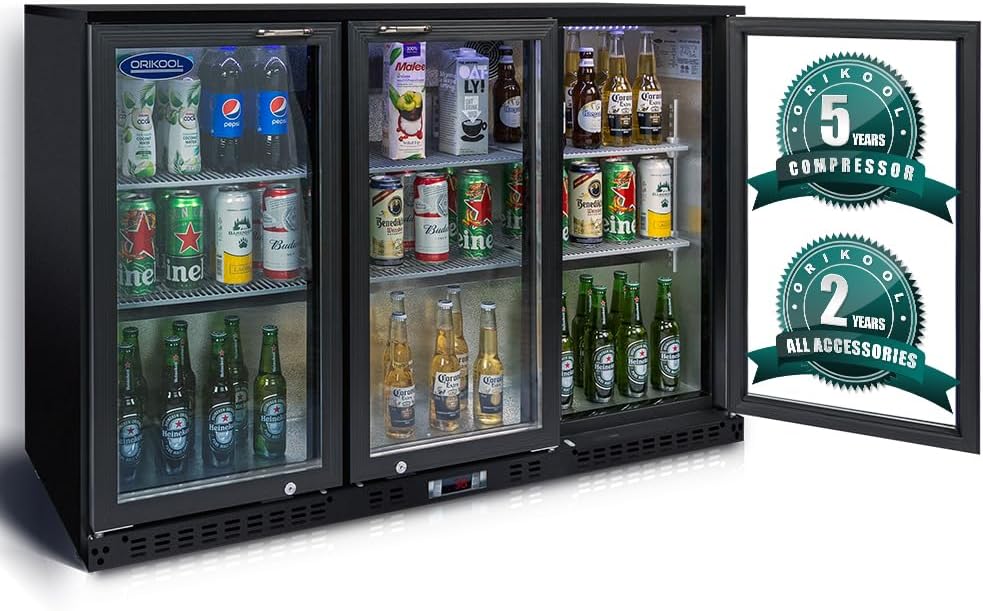 Back Bar Cooler - 480 Can Capacity Beverage Refrigerators, 3 Hinged Glass Doors, LED Lighting, Adjustable Shelves, Safety Door Lock, Perfect for Bars, Restaurants & Home