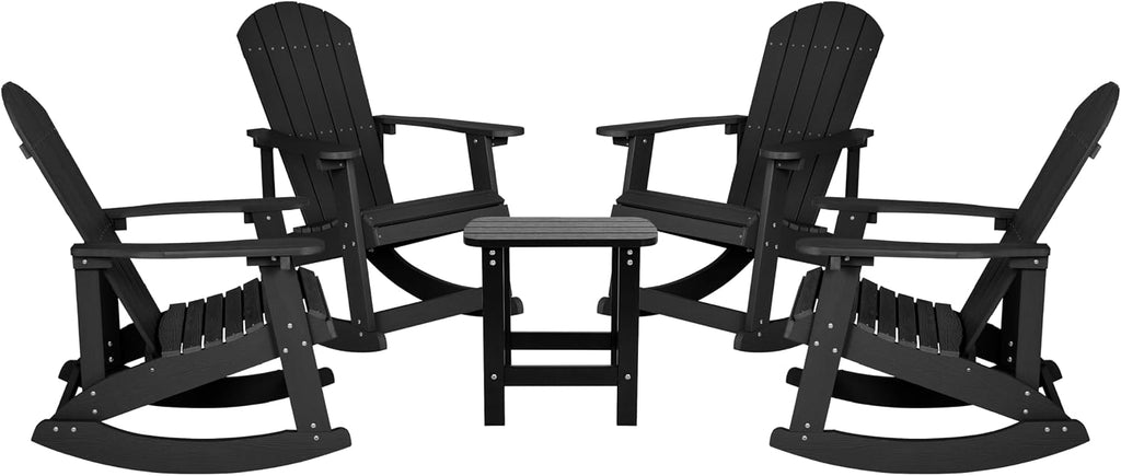 Flash Furniture Set of 4 Savannah Adirondack Rocking Chairs - Commercial Grade All-Weather Black Poly Resin Wood - Matching Side Table