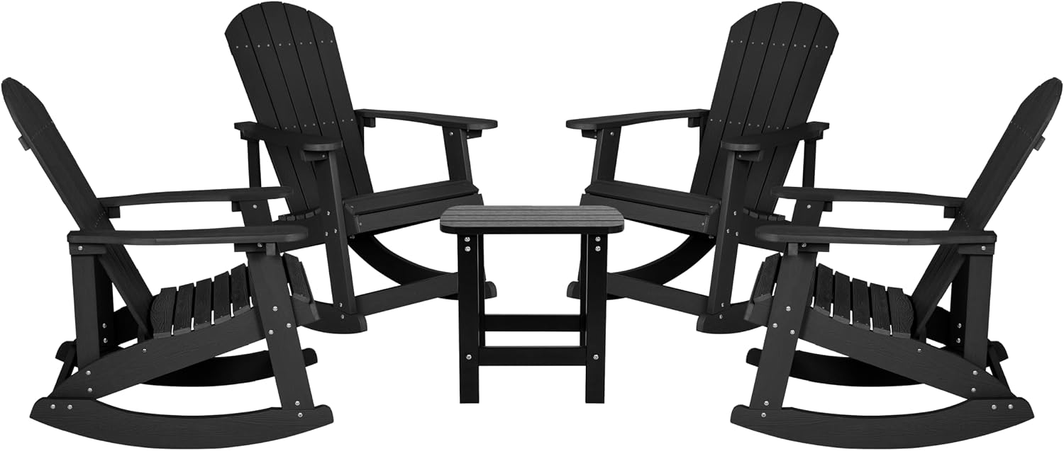 Flash Furniture Set of 4 Savannah Adirondack Rocking Chairs - Commercial Grade All-Weather Black Poly Resin Wood - Matching Side Table