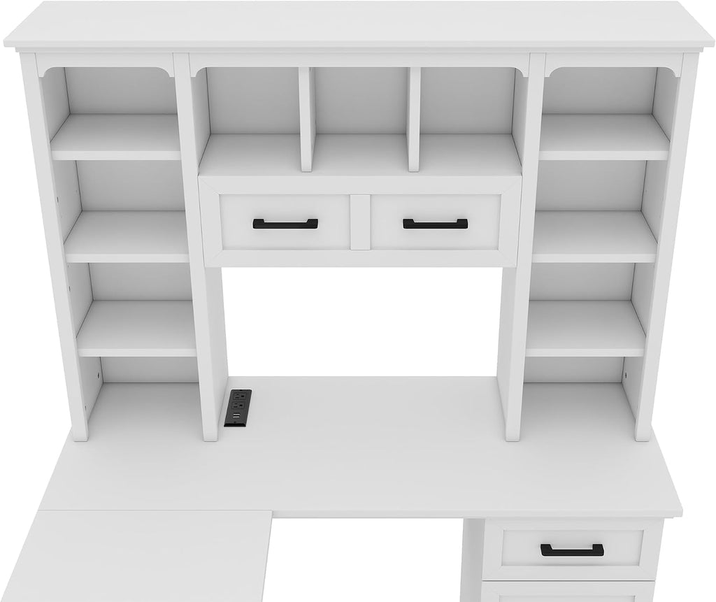 Bellemave L-Shaped Computer Desk with 2 Cabinets and 2 Drawers, Home Office Desk with 11 Open Shelves and 1 Right Flip Shelf, Corner Desk for Study, Living Room and Office (Off White