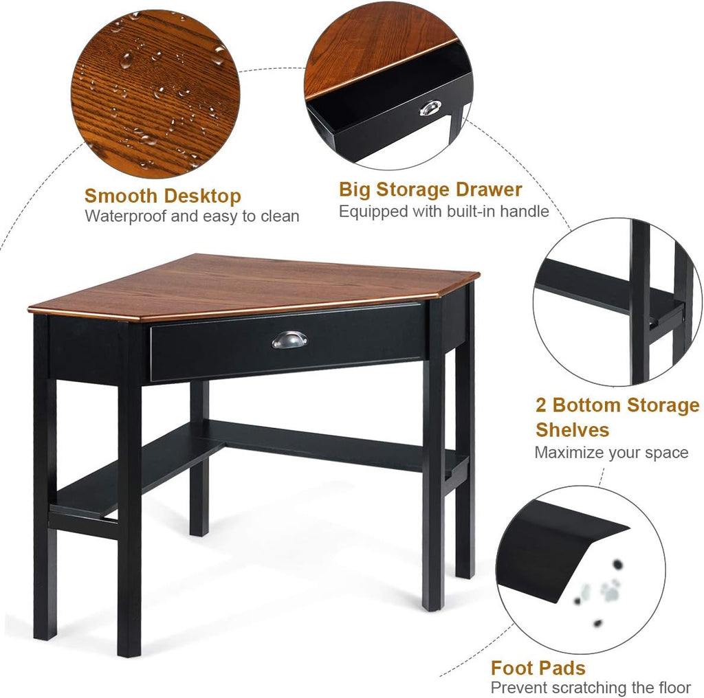 Tangkula Corner Desk, Corner Computer Desk with Drawer for Small Space, Small Corner Makeup Vanity Desk, 90 Degrees Triangle Corner Desk with Storage Shelves (Coffee & Black)