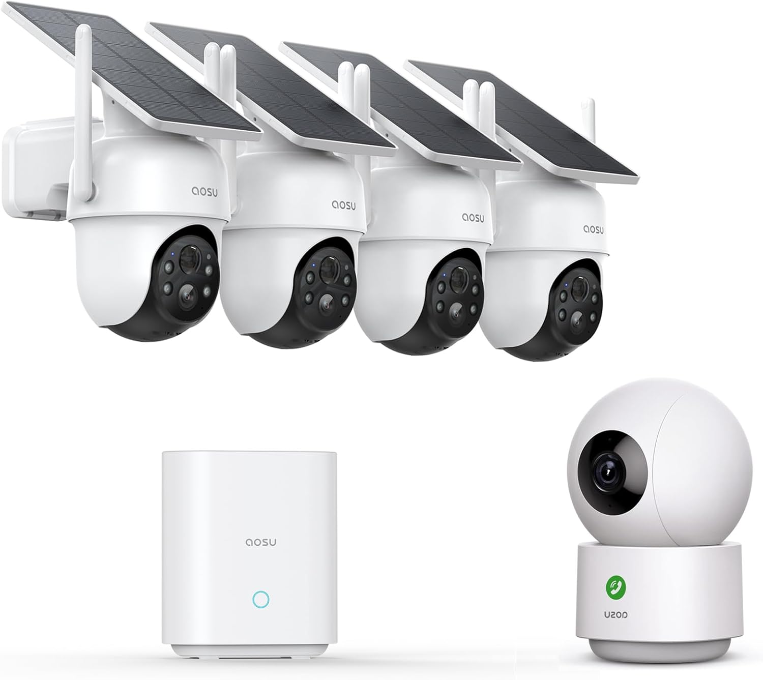AOSU Solar Security Cameras Outdoor Wireless, 4 Cam-Kit, No Subscription & AOSU 360° Indoor Security Camera, Baby Monitor