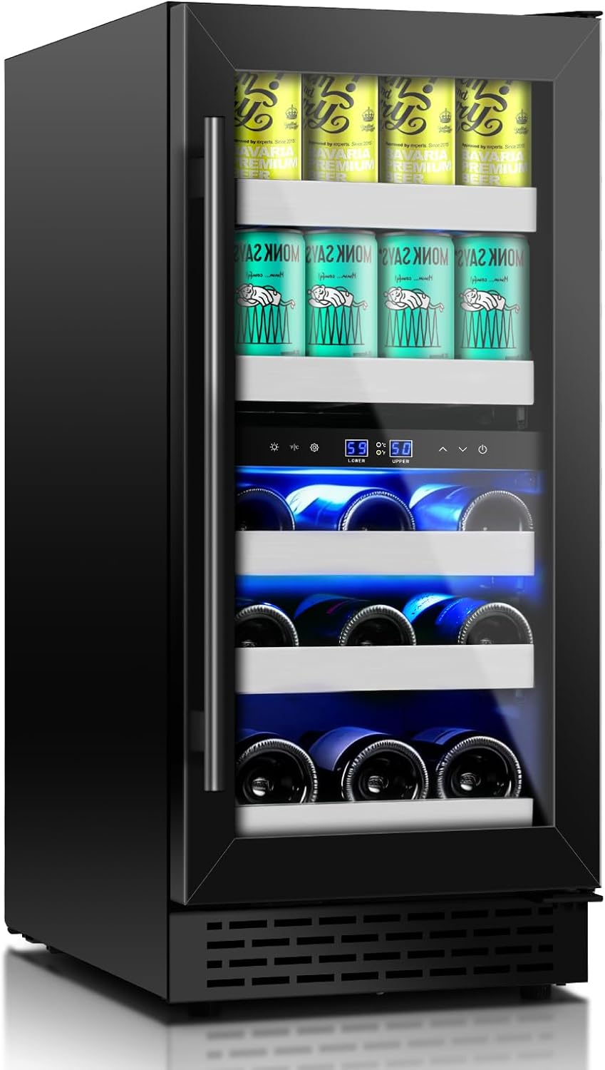 15 Inch Wine and Beverage Refrigerator,13 Bottle & 48 Cans Black Dual Zone Beverage Refrigerator,Under Counter Beverage Fridge with Glass Door,Control Panel for Wine Soda,Beer-Kitchen Home