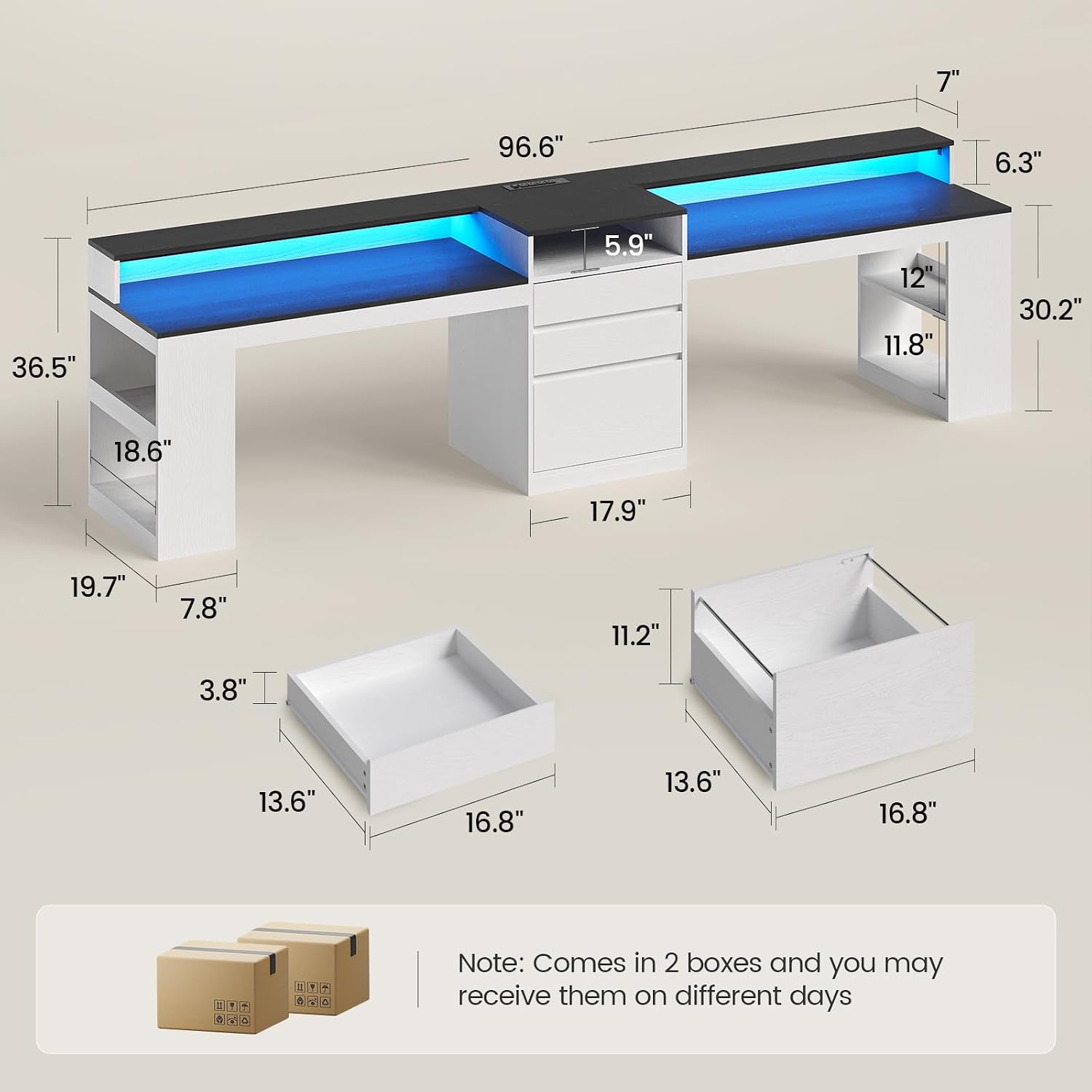 96.6' Long Computer Desk, 2 Person Desk with LED Lights & Power Outlet, Modern Two Person Gaming Desk with File Drawers, Monitor Stand, Printer Shelf ＆ Storage, Double Table for Home Office White