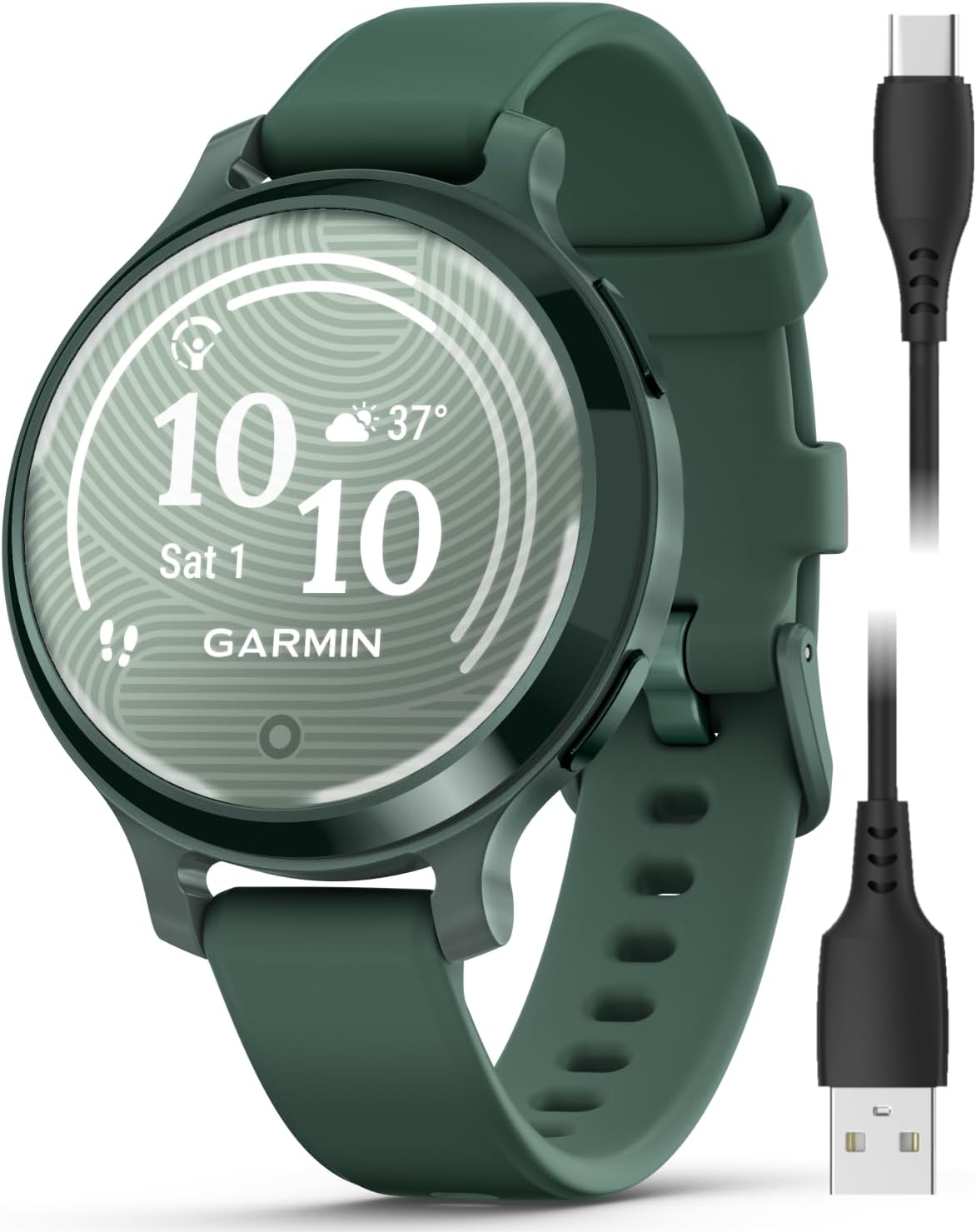 Garmin Lily 2 Active, Jasper Green with Jasper Green Silicone Band, Smartwatch, Built-in GPS, Hidden Display, Patterned Lens, Up to 9 Days Battery Life w Black Earbuds Bundle