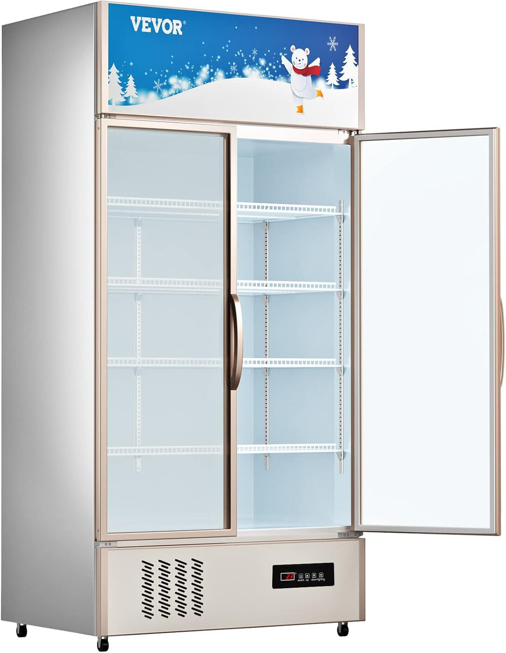 VEVOR Commercial Merchandiser Refrigerator 2 Glass Doors, 23 Cubic Ft, Upright Display Beverage Cooler 79' Tall x 39.4' Width, Fridge with LED Lighting for Drink Wine Soda, Gold