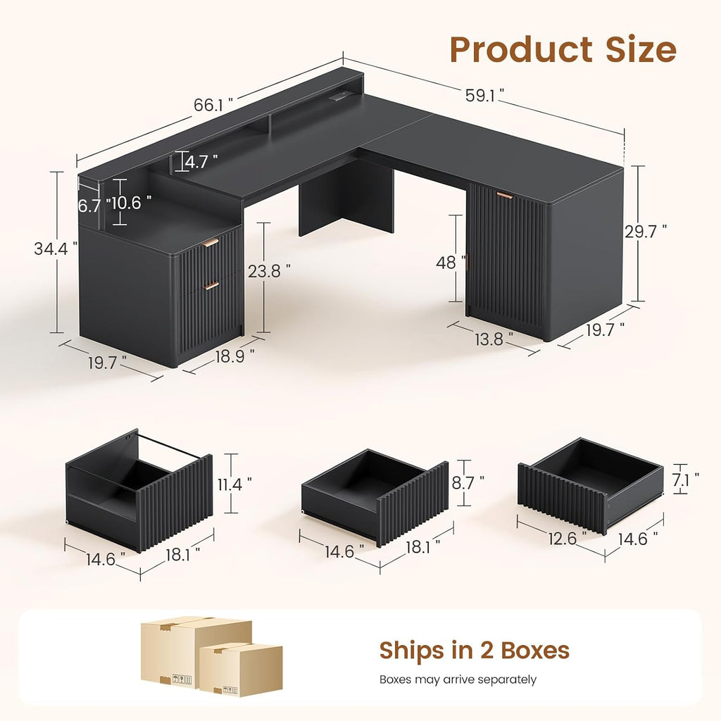 SEDETA 66' Modern L Shaped Desk with Drawers, Fluted Home Office Desk with File Cabinet & Printer Shelf, Wood Executive Desk with Monitor Stand, Power Outlets, Led Lights, Black