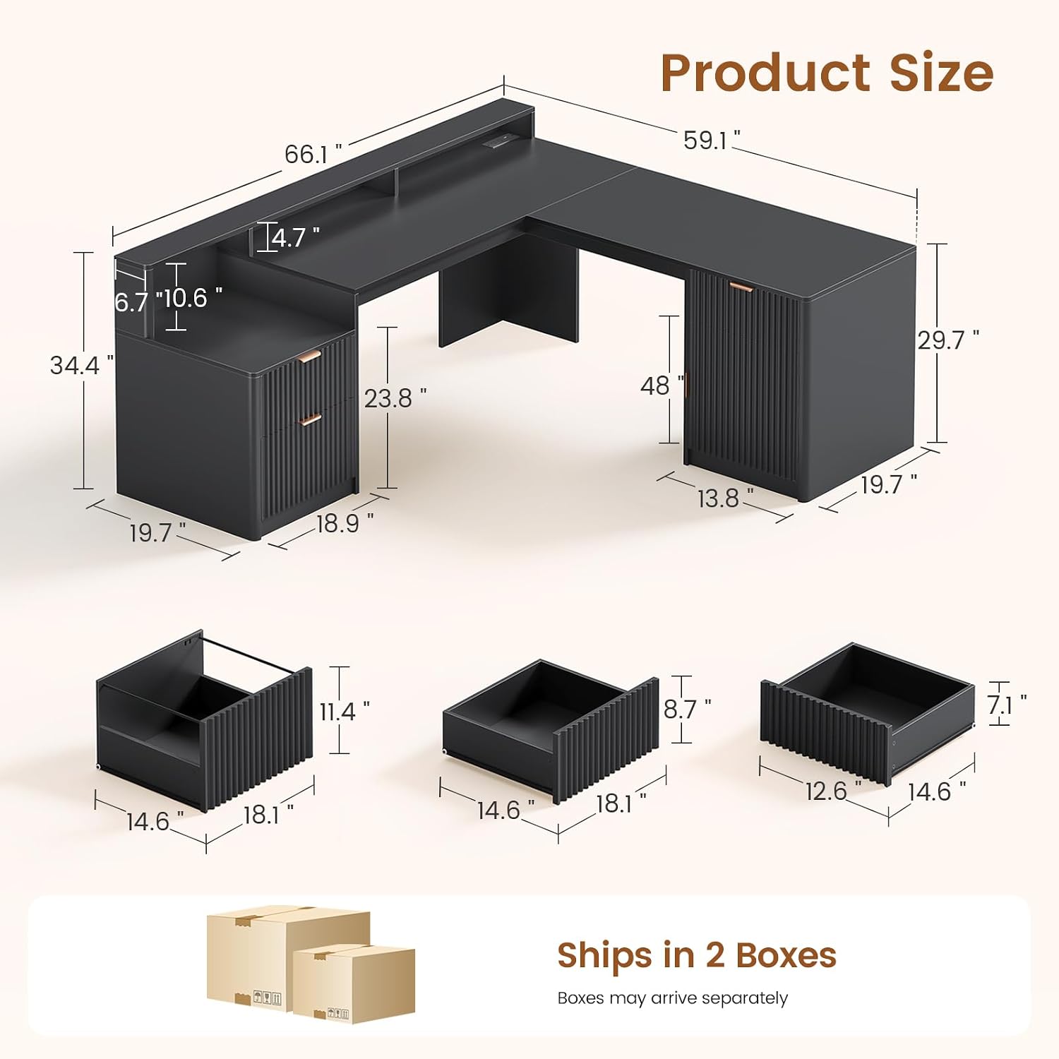 SEDETA 66' Modern L Shaped Desk with Drawers, Fluted Home Office Desk with File Cabinet & Printer Shelf, Wood Executive Desk with Monitor Stand, Power Outlets, Led Lights, Black
