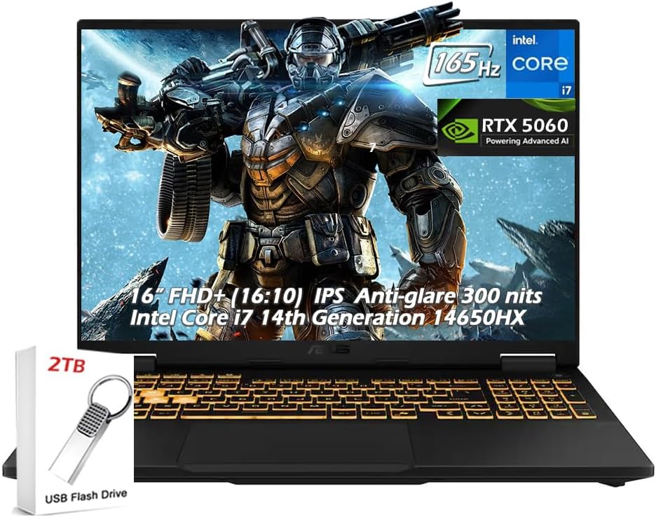 ASUS TUF 16' FHD+ 165Hz Gaming Laptop | Intel Core i7-14650HX | NVIDIA GeForce RTX 5060| 32GB DDR5 RAM 2TB SSD | RGB Backlit KB WiFi6E Wind11 Jaeger Gray | Bundle with 2TB USB Drive, W/GaLiMu