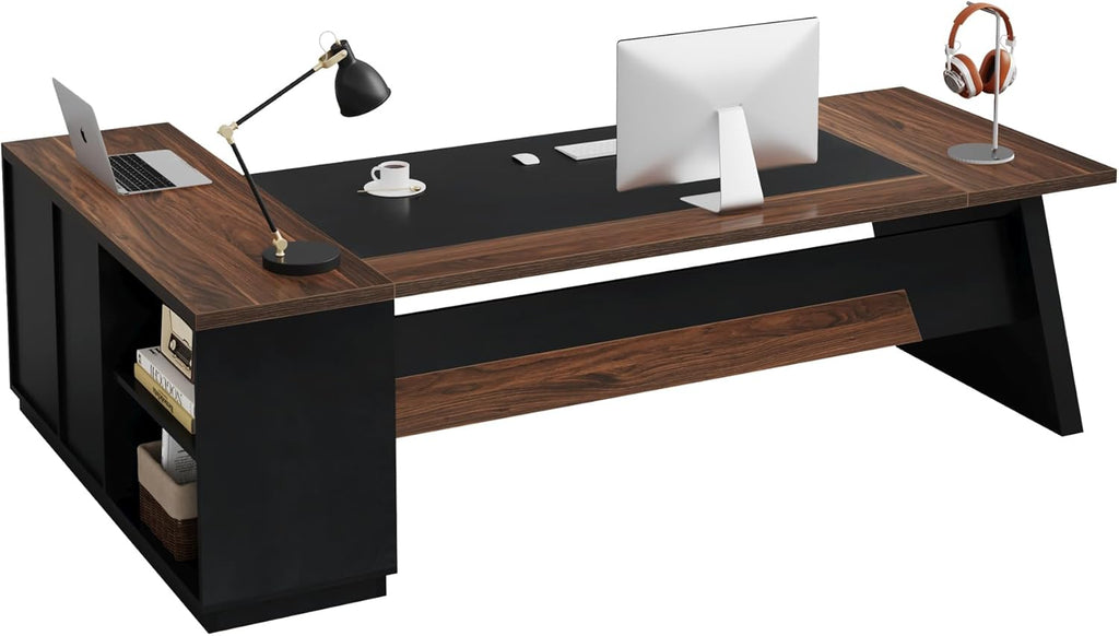 Tribesigns L-Shaped Executive Desk, 78-Inch Large Office Desk with Drawers and Lateral File Cabinet, Modern Business Furniture with Storage Shelves, Workstation for Home Office (Walnut + Black)