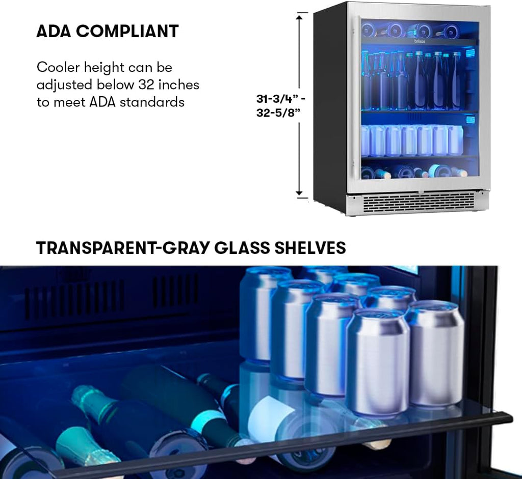 Zephyr Brisas 24' Wine Fridge & Beverage Refrigerator ADA Single Zone Under Counter - Wine Cooler Cellars Small Home Beer Fridge Cabinet Drink Chiller Freestanding with Glass Door - 8 bottles 112 cans