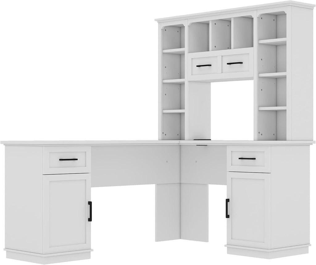 Bellemave L-Shaped Computer Desk with 2 Cabinets and 2 Drawers, Home Office Desk with 11 Open Shelves and 1 Right Flip Shelf, Corner Desk for Study, Living Room and Office (Off White