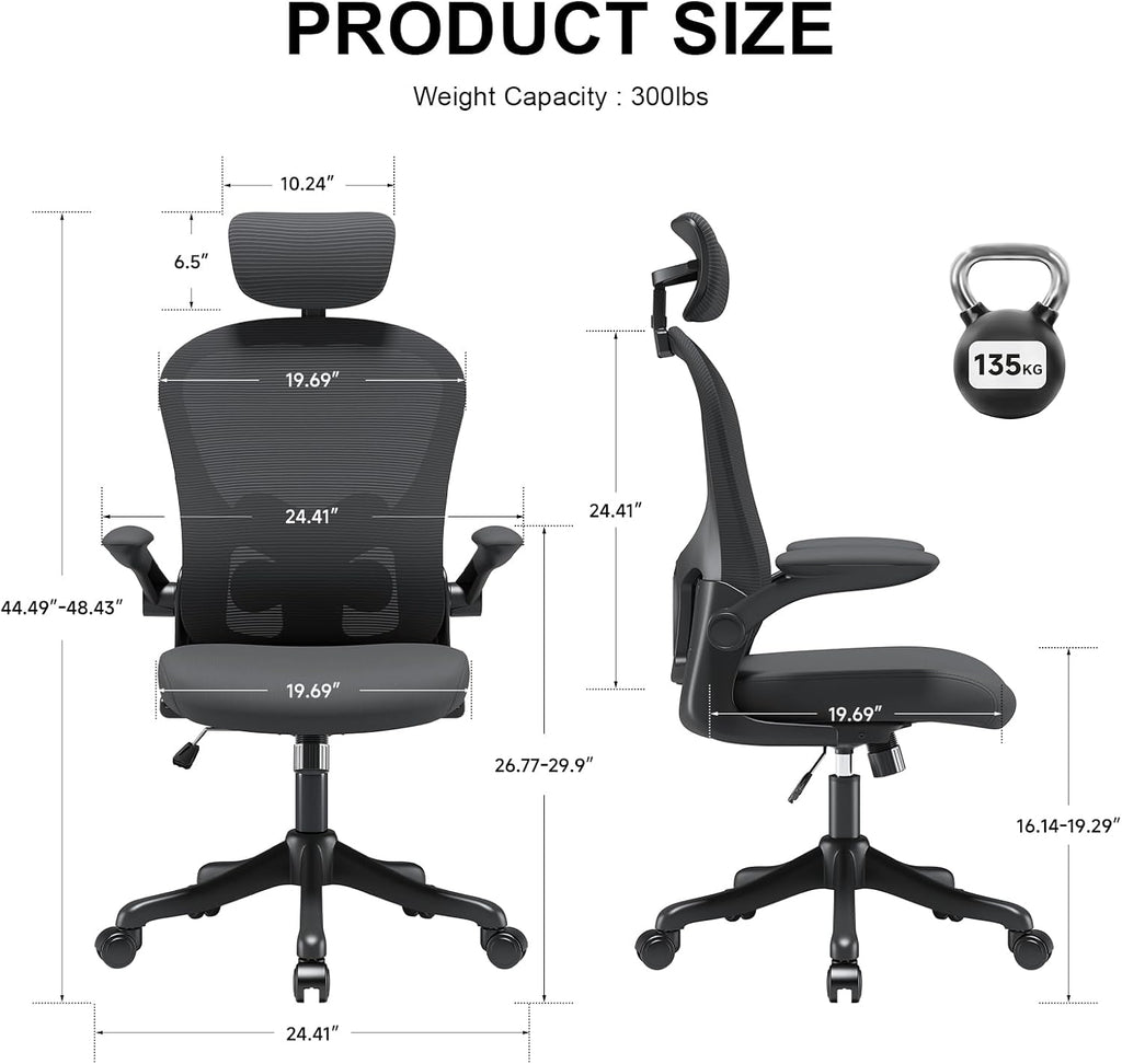 Mesh Office Chair with Adjustable Lumbar Support and Headrest, Ergonomic High Back Task Chair for Home Office, Flip-Up Arms 90-120° Tilt Lock Rolling Swivel Work Chairs(Black6065)