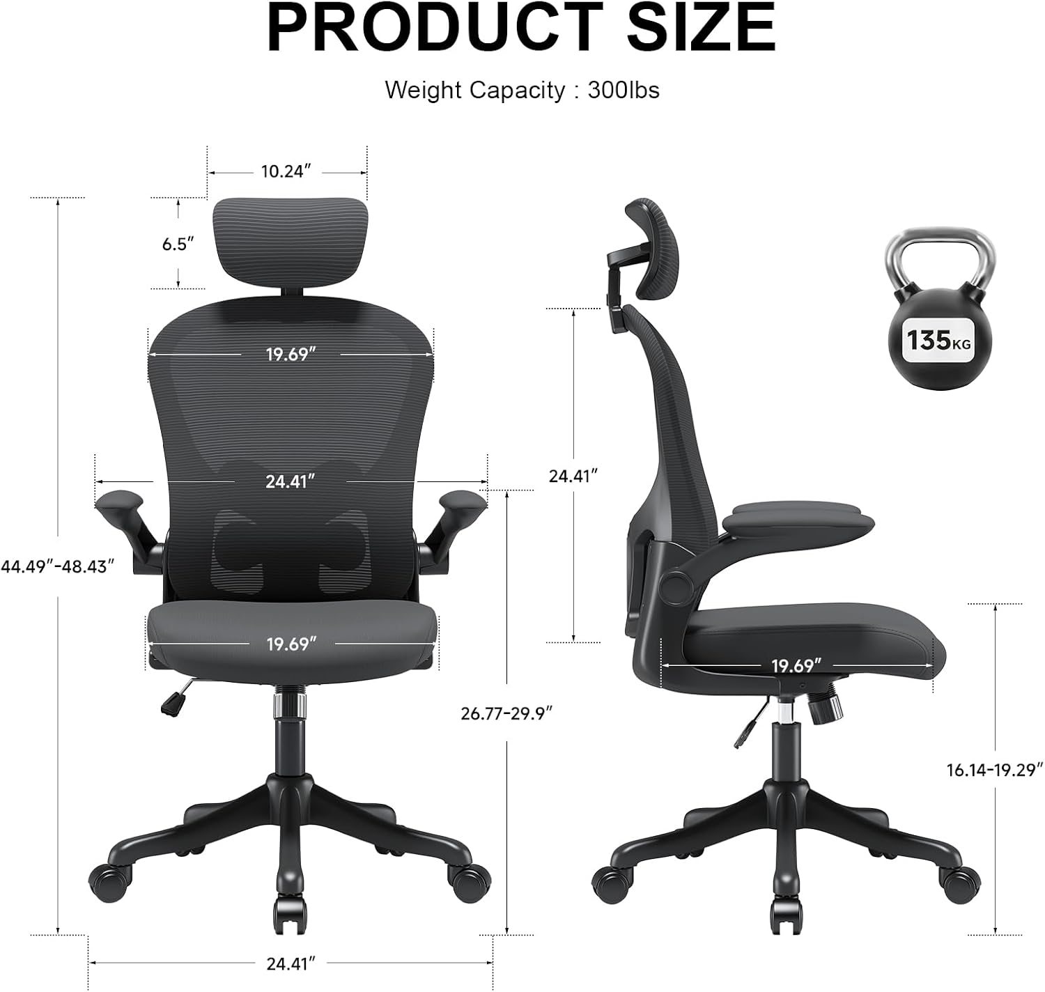 Mesh Office Chair with Adjustable Lumbar Support and Headrest, Ergonomic High Back Task Chair for Home Office, Flip-Up Arms 90-120° Tilt Lock Rolling Swivel Work Chairs(Black6065)