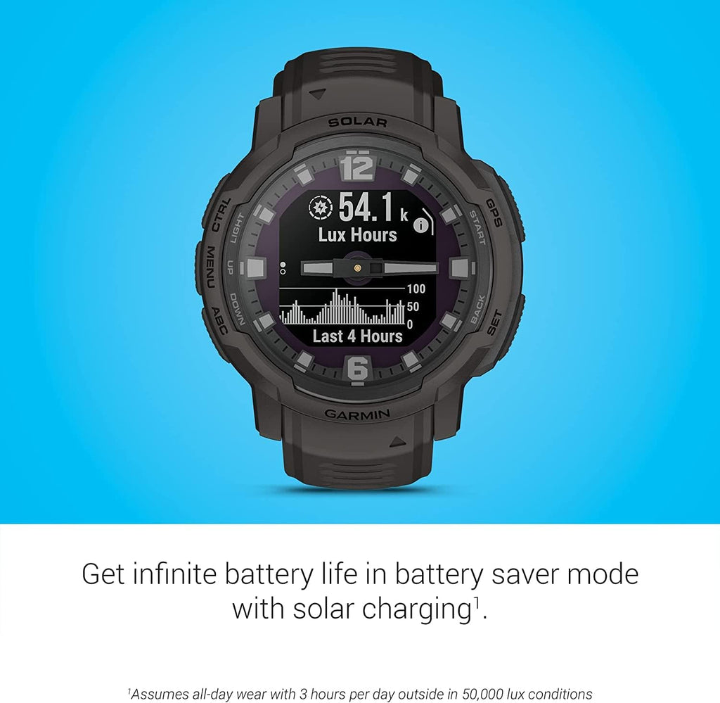 Garmin Instinct Crossover Solar Rugged Hybrid Smartwatch with Solar Charging Capabilities Graphite with Watch Charging Stand, 2-Port Car Adapter, Wall-Adapter & Watch Cleaning Kit (010-02730-11)