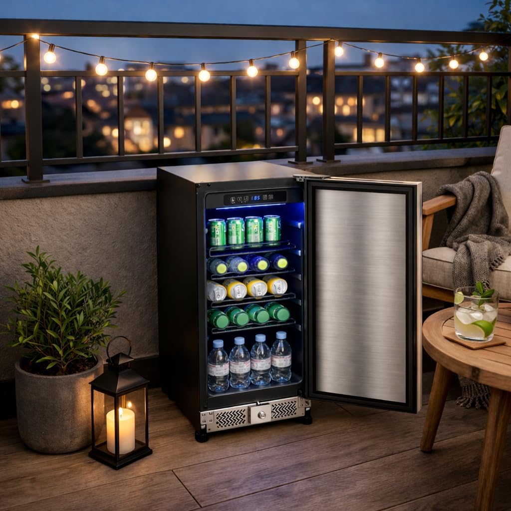 15 inch Outdoor Beverage Refrigerator, Under Counter fridge, 120 Cans Outdoor Wine Cooler with Stainless Steel Finish for Beer, Soda, Freestanding Small Drink Cooler
