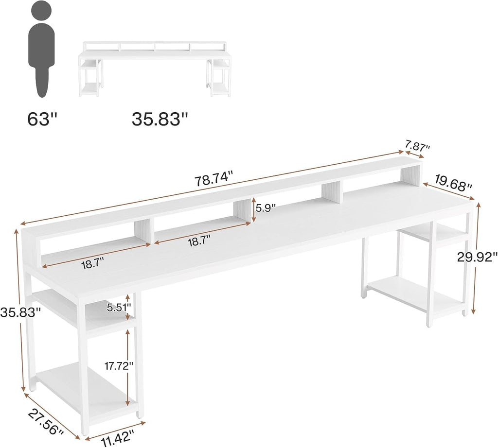 Tribesigns 78.74 Inches Extra Long Two-Person Desk, Double Computer Desk with Monitor Stand and Storage Shelves, Study Work Table for Home Office (White)