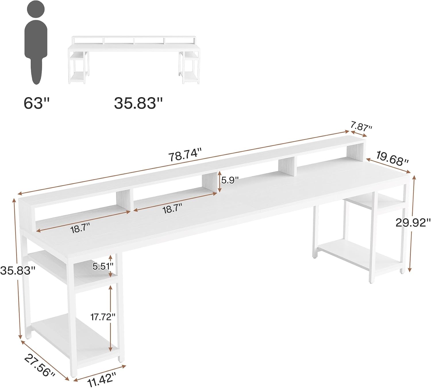 Tribesigns 78.74 Inches Extra Long Two-Person Desk, Double Computer Desk with Monitor Stand and Storage Shelves, Study Work Table for Home Office (White)