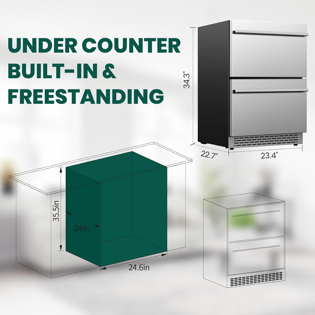 24 Inch Outdoor Drawer Refrigerator, Stainless Steel Door Under Counter Drawer Fridge Freestanding or Built-in, Beverage Cooler Refrigerator for Home Kitchen Commercial,Fast Cool,Low Noise