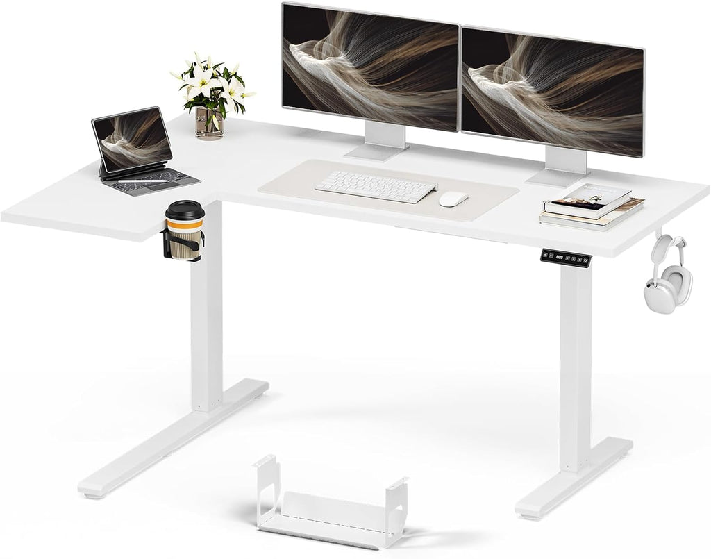 Muvai 71 Inch L Shaped Standing Desk Adjustable Height with Cable Management Tray,Gaming Electric Corner Standing Desk, Sit Stand Computer Table with Reversiable Splice Board, White