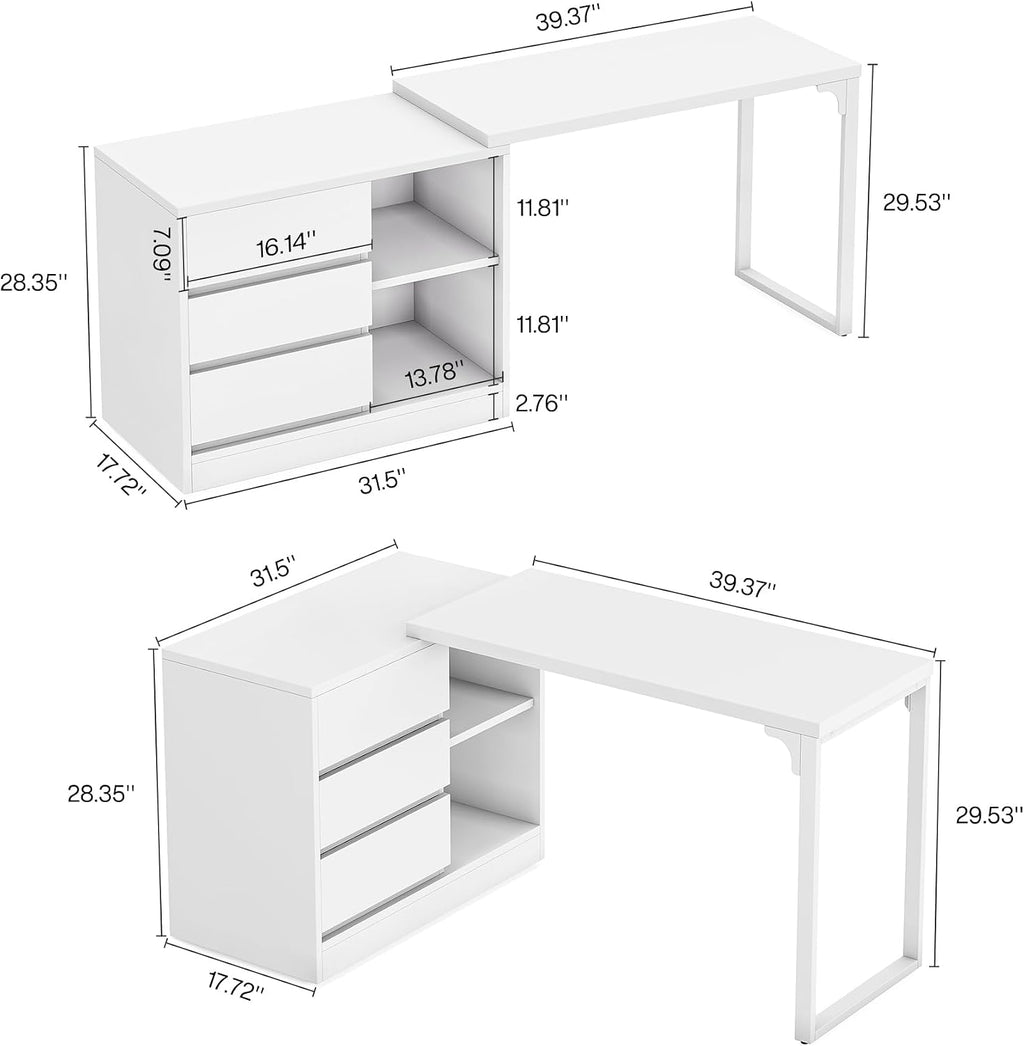Tribesigns L-Shaped Computer Desk with Drawers and Shelves, Reversible White Corner Office Desk with Storage Cabinet, Modern Study Writing Table for Home Office, Bedroom