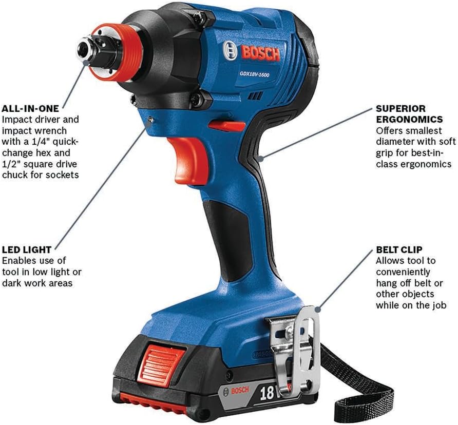 Bosch GXL18V-496B22 18V 4-Tool Combo Kit with Compact Tough 1/2 In. Drill/Driver, Two-In-One 1/4 In. and 1/2 In. Impact Driver/Wrench, Compact Recip Saw, LED Light and (2) 2.0 Ah SlimPack Batteries