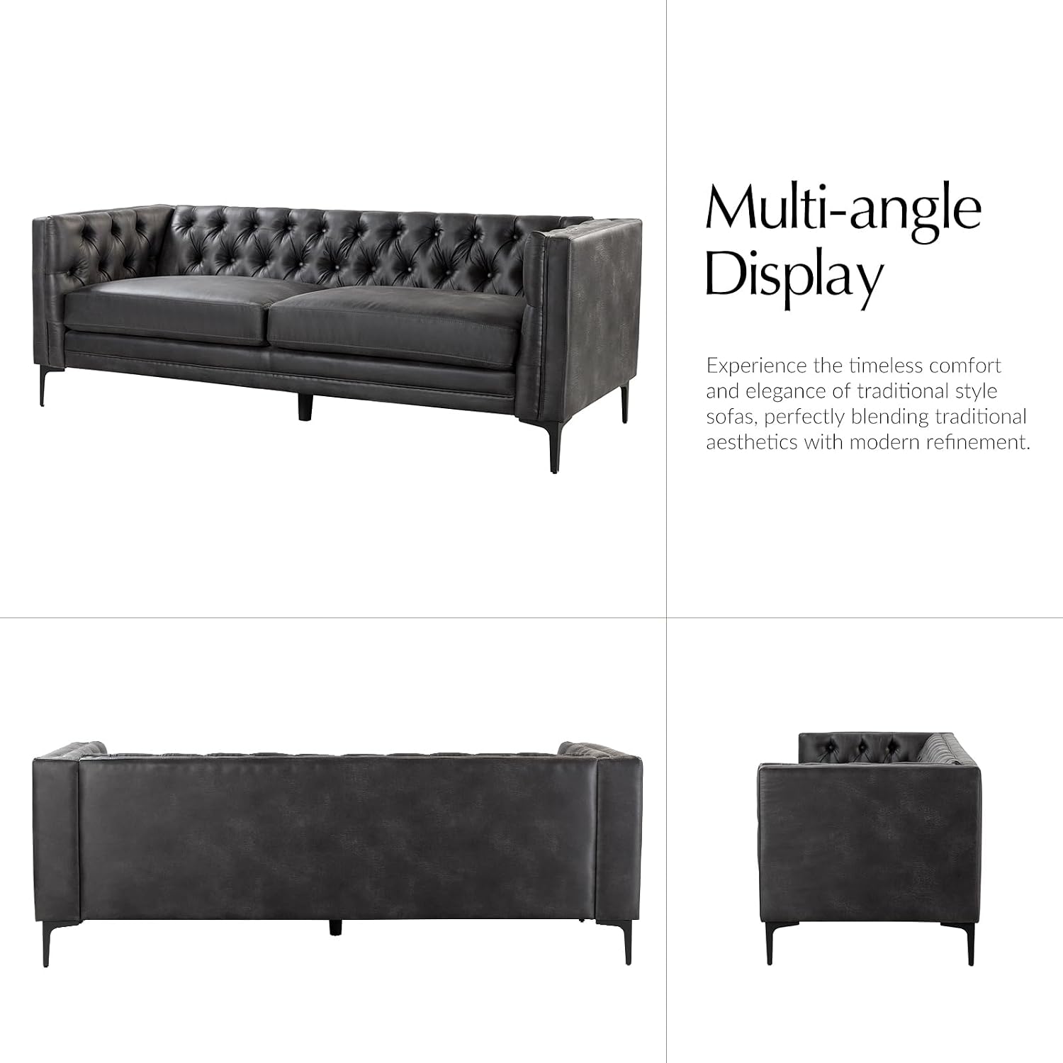 HULALA HOME 84' W Faux Leather Sofa Couch with Metal Legs, Button-Tufted 3-Seater Sofa, Mid Century Modern Contemporary Upholstered Couch for Living Room, Apartment, Charcoal