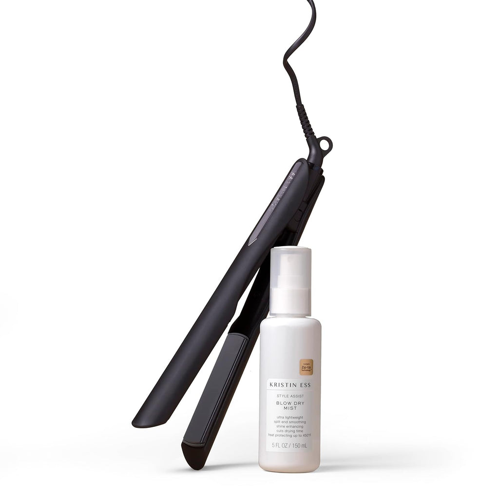 Kristin Ess Hair Nanoblack 3-in-1 Curling Flat Iron Straightener + Style Assist Heat Protectant Spray - 1 1/4 Inch Salon Professional Ceramic Hot Tool - Hair Straightener + Curler 2 in 1 + Beach Waver