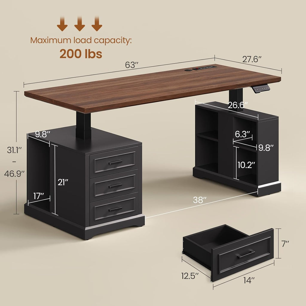 SEDETA Farmhouse Electric Standing Desk, 63' Height Adjustable Computer Desk with 3 Drawers, Storage Shelves, Power Outlets, Wood Home Office Stand up Desk for Work, Study, Writing, Black