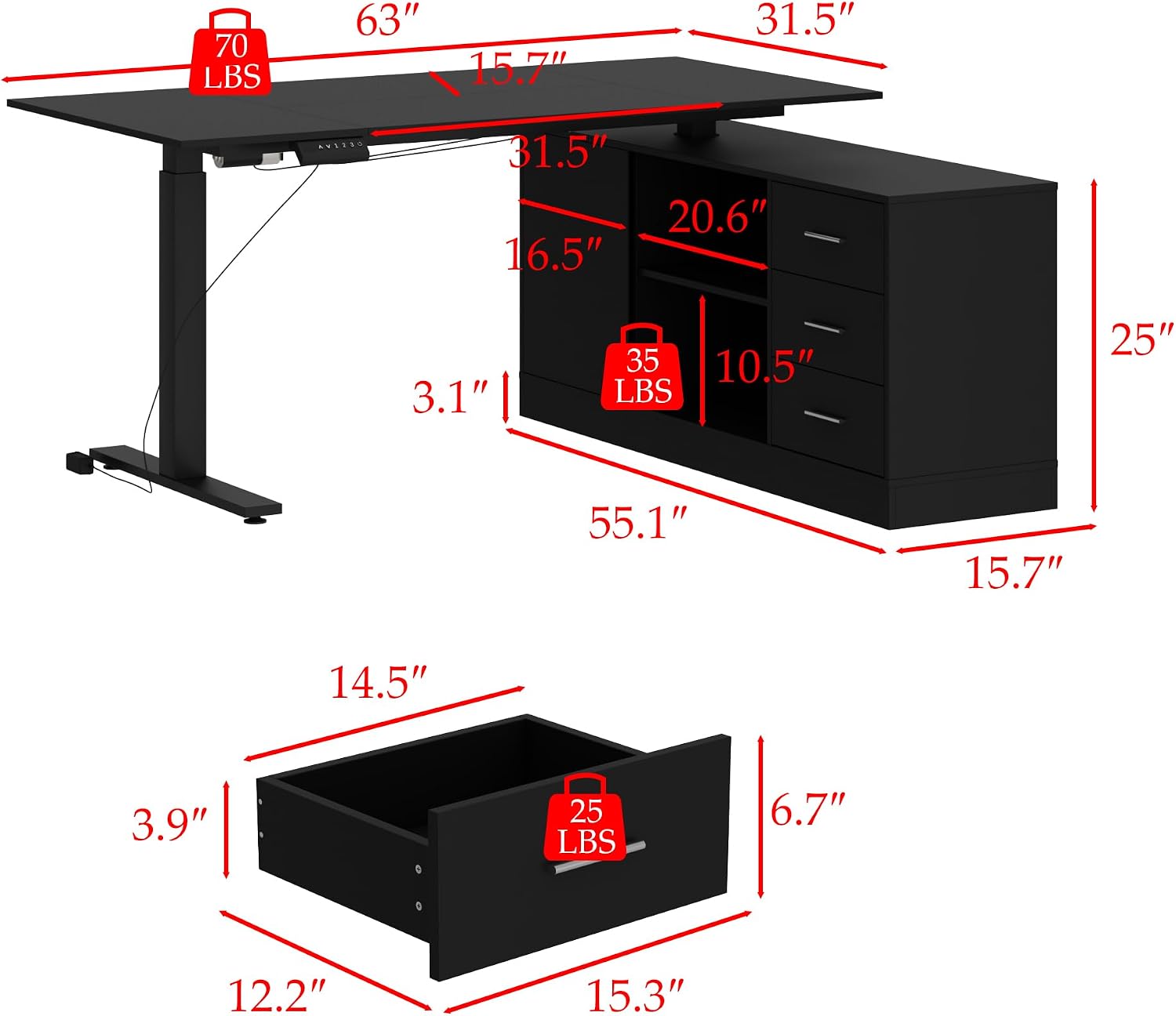 Homsee Home Office L Shaped Electric Standing Desk with Drawers and Shelves, Height Adjustable & Shape Reversible Stand up Desk, 63' Computer Executive Corner Table, Black