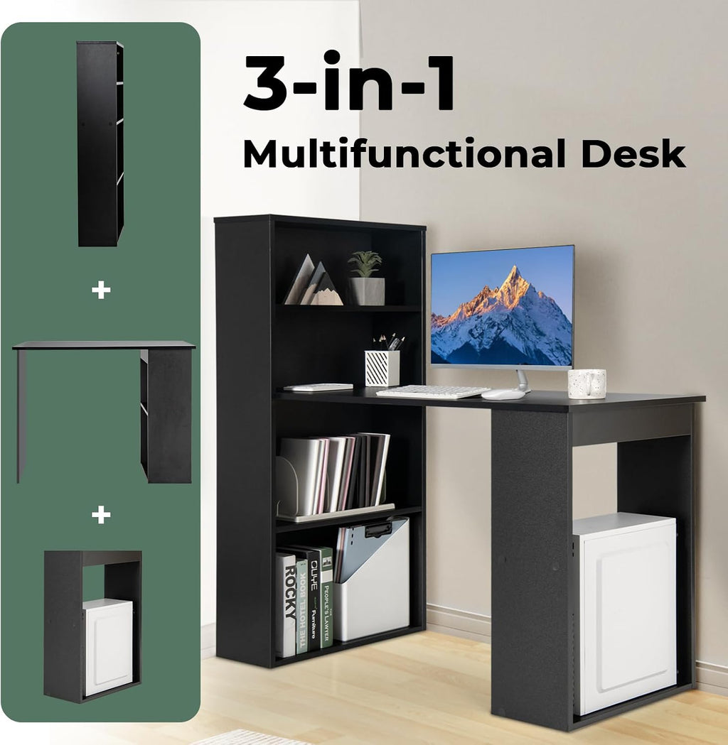 Giantex 48 Inch Computer Desk with Bookshelf, 3-in-1 Home Office Desk with 4-Tier Bookcase & CPU Stand, Space-Saving Reversible Writing Desk Work Table for Bedroom, Study Room, Office (Black)