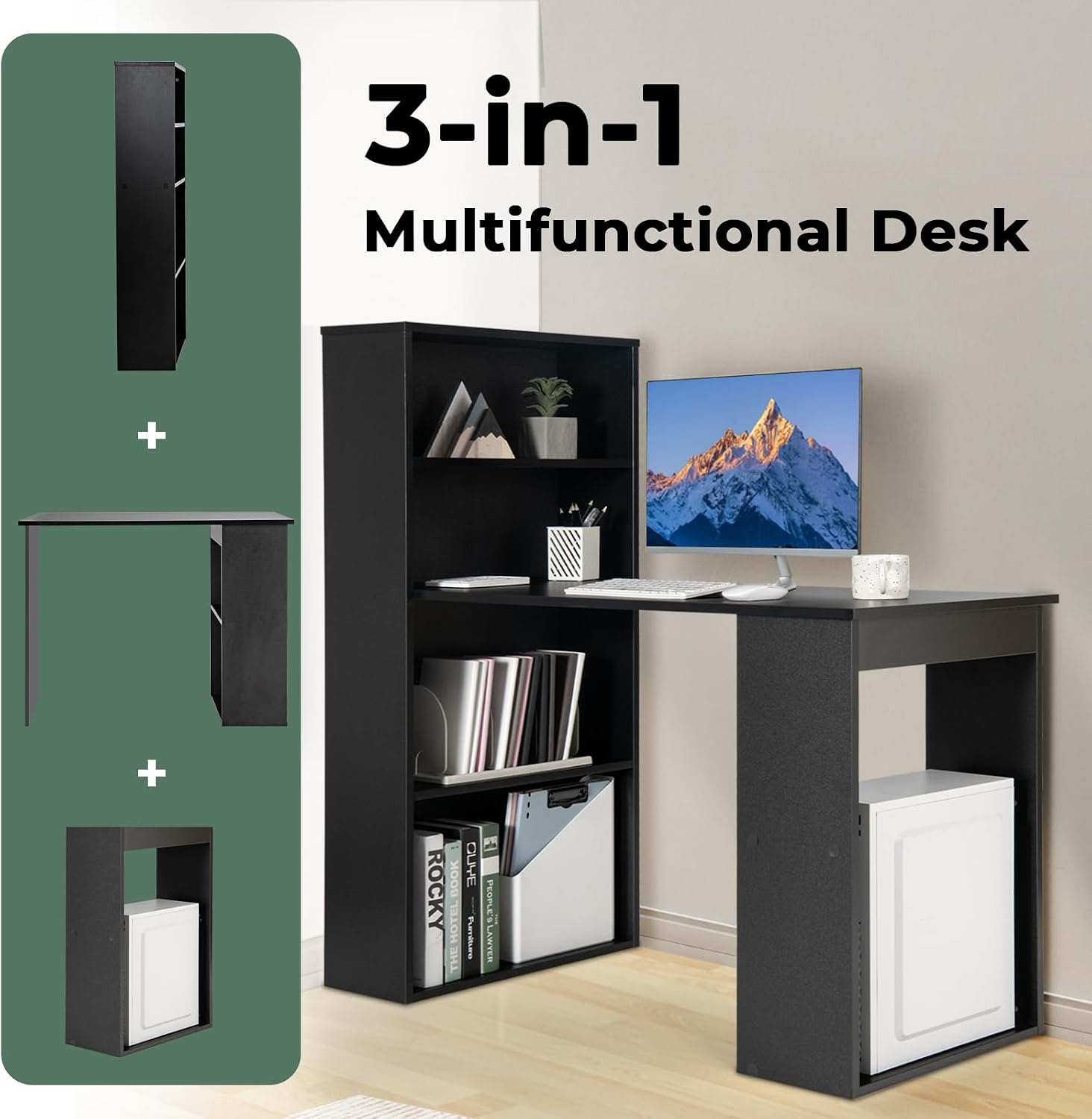 Giantex 48 Inch Computer Desk with Bookshelf, 3-in-1 Home Office Desk with 4-Tier Bookcase & CPU Stand, Space-Saving Reversible Writing Desk Work Table for Bedroom, Study Room, Office (Black)