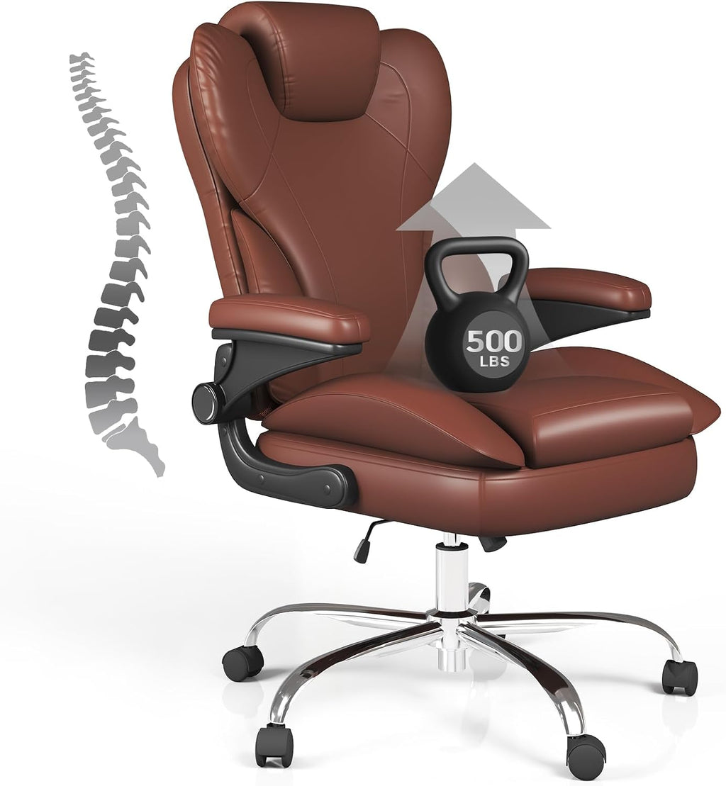 Office Desk Chair, Executive Leather Office Chair, High Back Ergonomic Home Desk Chair with Padded Flip-up Arms, Big and Tall Computer Chair with Rocking Function, 360°Swivel Free, Light Brown
