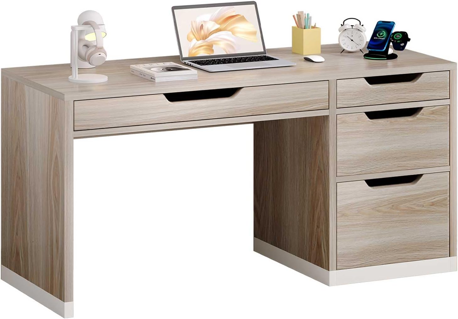 MaverickFurni 52 Inch Desk with 4 Drawers, Computer Desk with Storage File Drawer for Bedroom, Small Office Desk with Storage for Small Space, Light Walnut