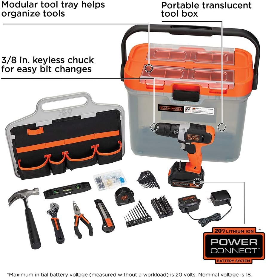 BLACK+DECKER 20V MAX Drill with Home Tool Kit, 64-Piece (BCKSB62C1)