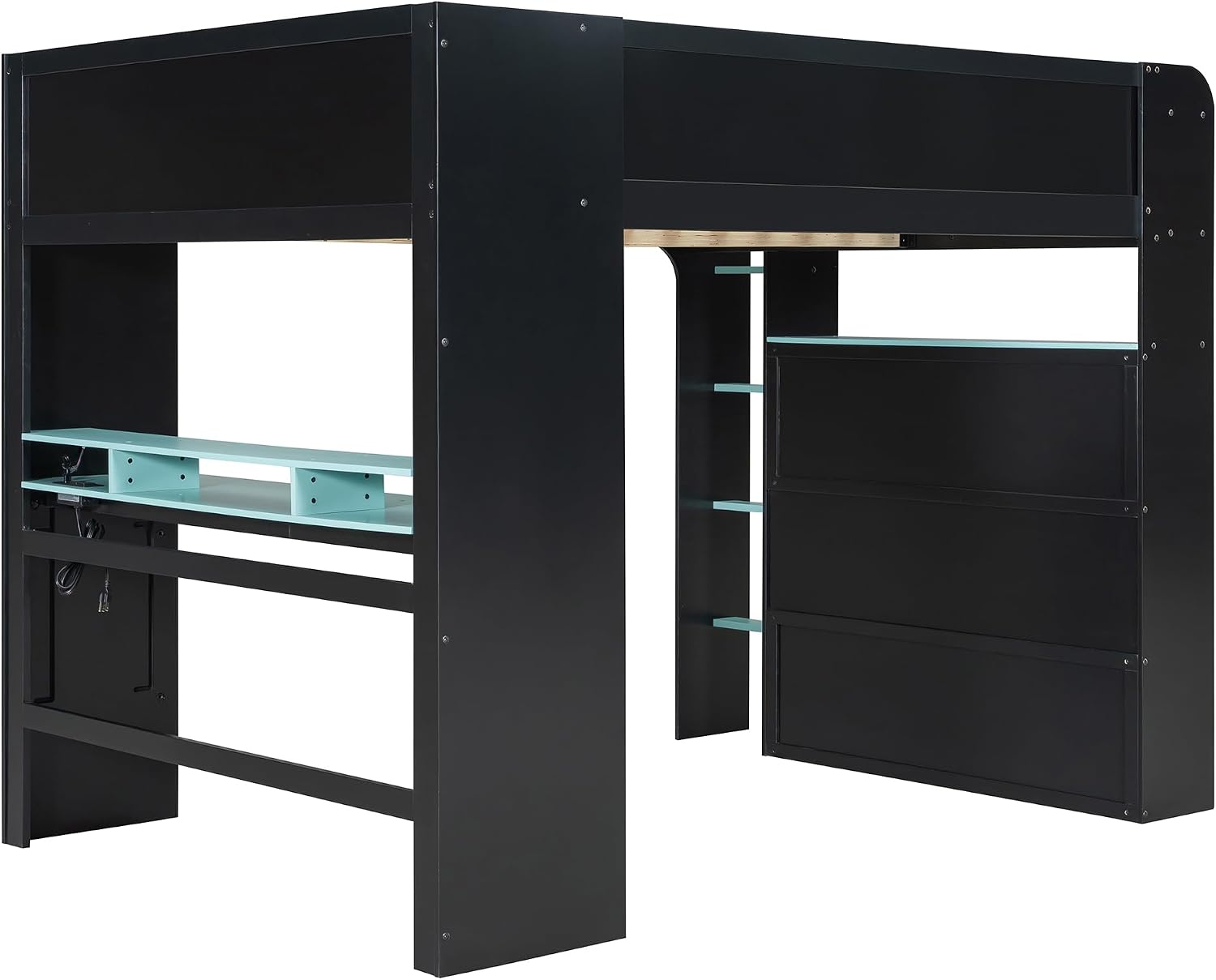Full Size Gamer Loft Bed with Height-Adjustable Desk,Wardrobe,Ample Storage Space,and RGB Light, Wooden Bunk Bed for Gaming Setup (Cloud Blue/A1)