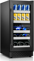 15 Inch Beverage Refrigerator,13 Bottle & 48 Cans Under Counter Black Beverage Fridge with Low-Noise Compressor,Wine Cooler with Dual Independent Temperature Zones for Kitchen Home