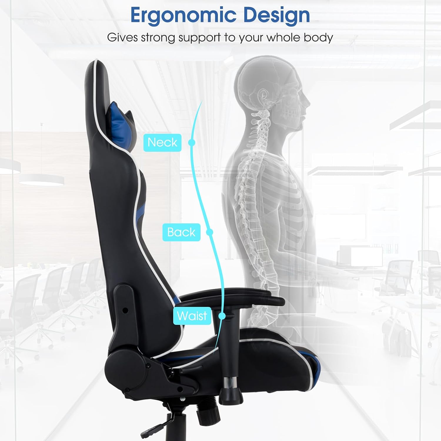 Tangkula Gaming Desk and Chair Set, Ergonomic Gamer Desk & Racing Chair Set Cup Holder, Headphone Hook, Handle Rack & Monitor Stand, Massage & Headrest, Home Office Computer (Blue)