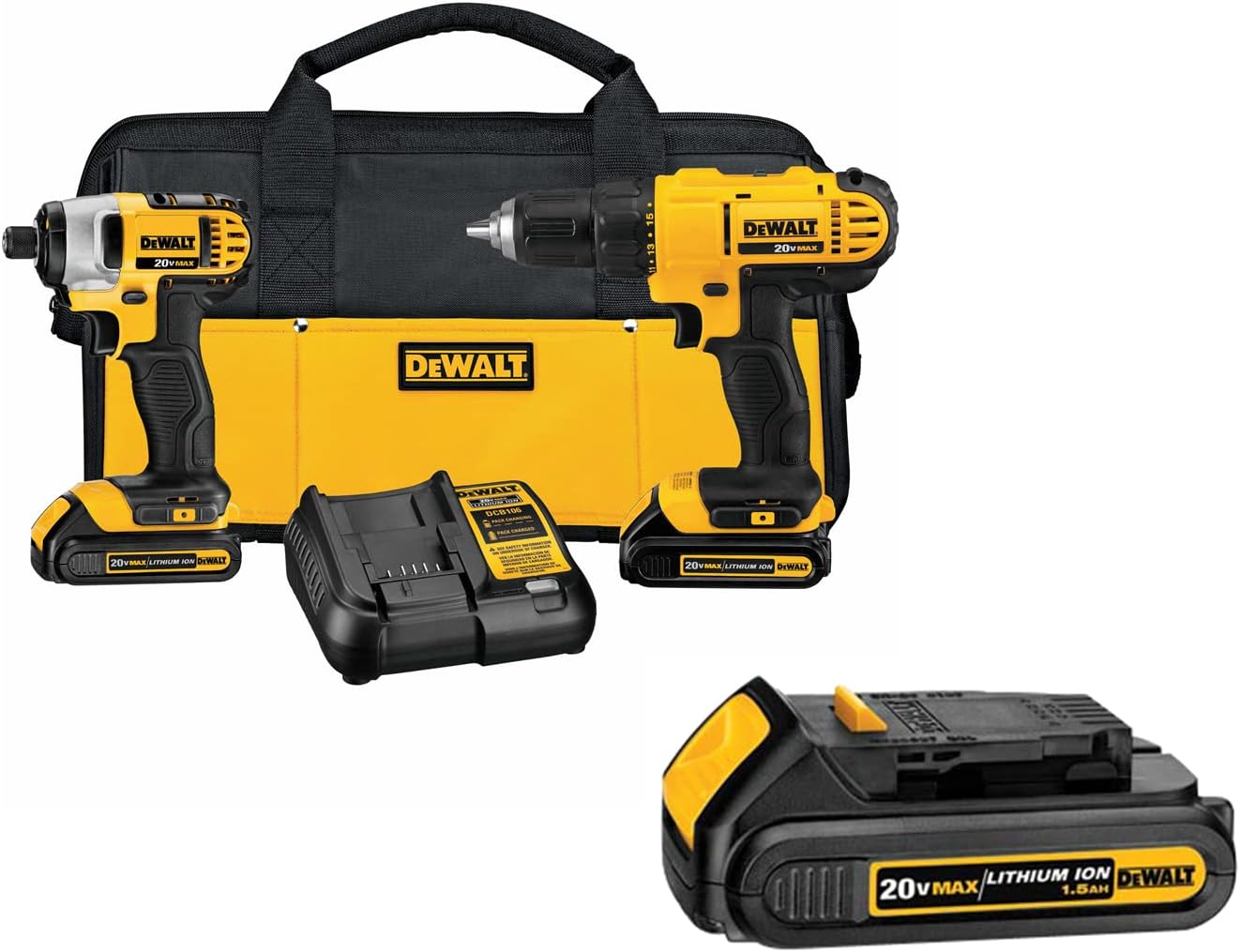 DEWALT 20V Max Cordless Drill Combo Kit, 2-Tool with 1.5 Ah 20V Li-Ion Compact Battery (DCK240C2 & DCB201)