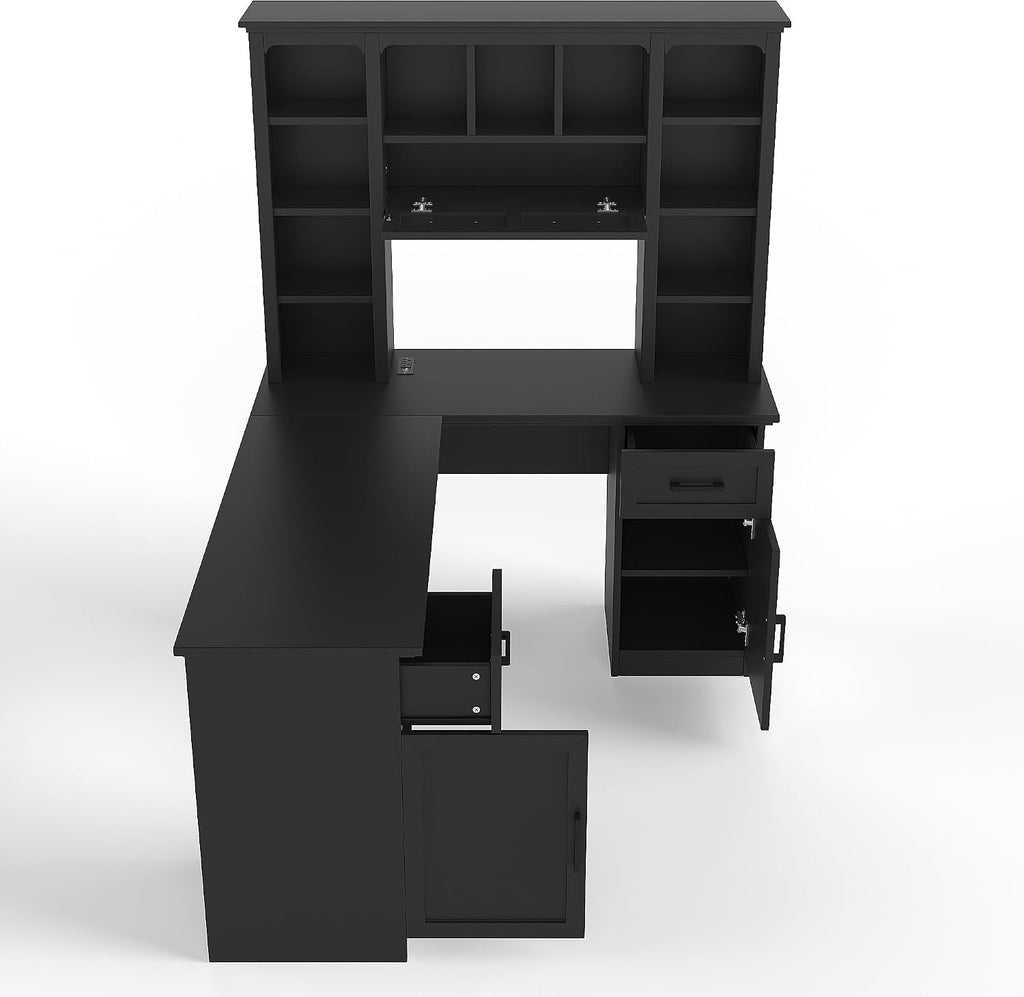 Bellemave L-Shaped Computer Desk with Drawers, Hutch and Bookshelf, Home Office Desk, Corner Gaming Computer Desk with Power Outlet, Study Table Writing Desk, Black