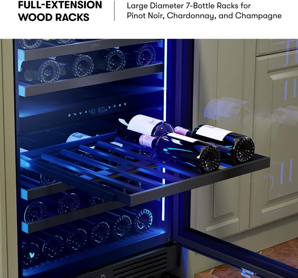 Zephyr Presrv 24' Wine Fridge Dual Zone Under Counter - Countertop Mini Wine Cooler Cellars Small Cabinet Wine Refrigerator Home Bar Chiller Freestanding with Glass Door Black, 45 Bottles 750ml