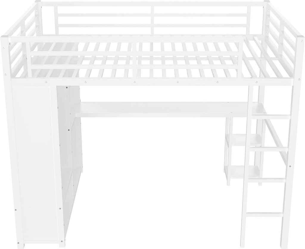 Modern Queen Size Metal Loft Bed Frame with Built-in Wardrobe,Desk and Storage Shelves, for Kids Teens Adults Bedroom Use (White#o, Queen)